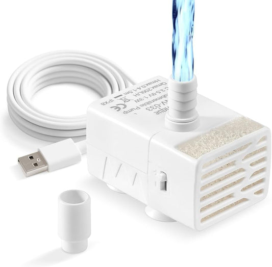 Novique submersible water pump front view showcasing compact white housing and brand logo for home aquariums.