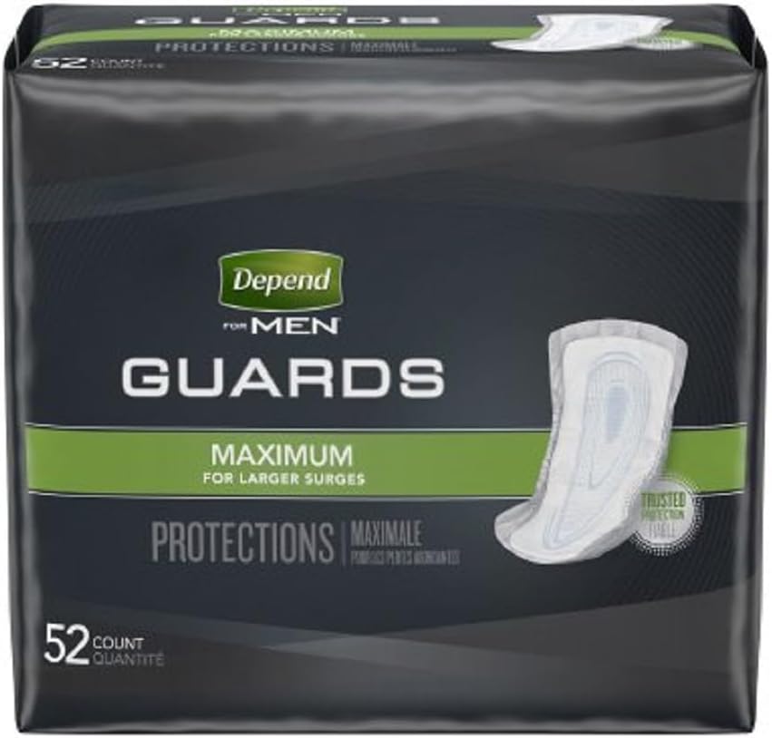 Depend Men's Incontinence Guards Maximum Absorbency 52 Count front packaging view for premium male bladder control protection
