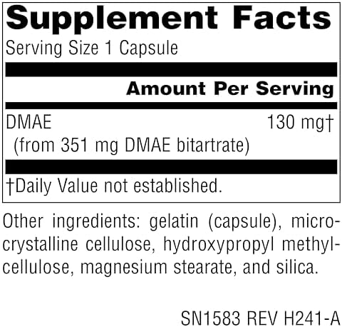 Close up of the label highlighting 351 mg DMAE concentration for cognitive memory support.