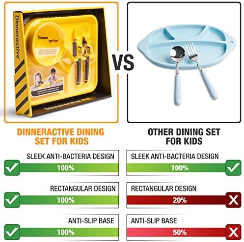 Toddler using construction plate and tractor utensils at mealtime