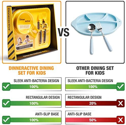 Toddler using construction plate and tractor utensils at mealtime