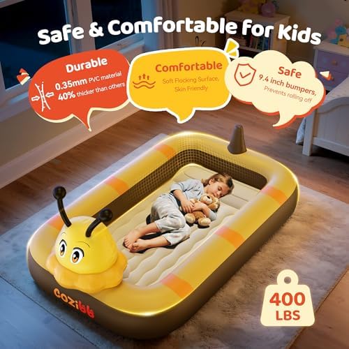 CoziBB inflatable bed completely deflated and packed neatly inside its compact black travel carry bag.