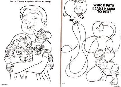 Oversized Disney Pixar coloring book page sample showcasing large illustrations of Woody and Jessie