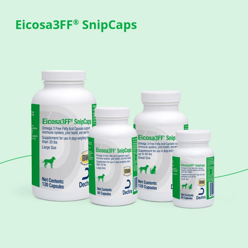 Authentic Eicosa3FF SnipCaps bottle displaying clear canine dosage and ingredient facts