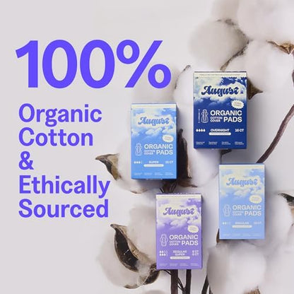 August organic cotton topsheet pads showing eight layers of protection