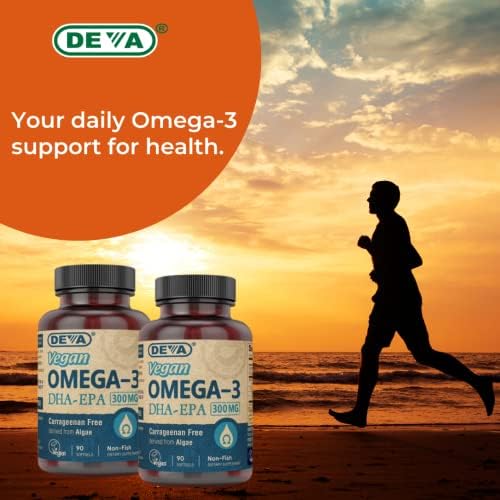 Deva vegan friendly omega 3 supplement packaging highlighting the absence of fish oil.