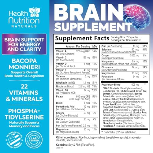 Nature's Peak nootropic brain booster dietary supplement capsules label showing key ingredients like Bacopa and Phosphatidylserine.