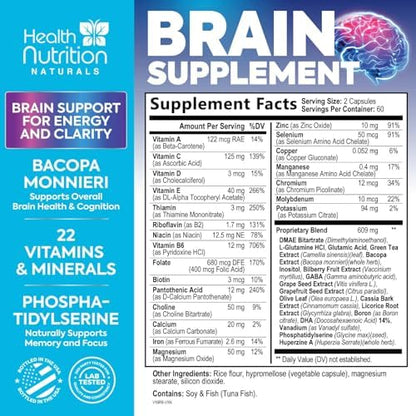 Nature's Peak nootropic brain booster dietary supplement capsules label showing key ingredients like Bacopa and Phosphatidylserine.