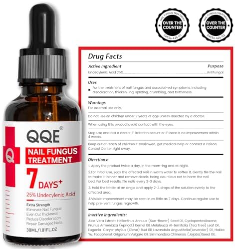 QQE nail fungus treatment packaging showing the botanical plant-based formula benefits.