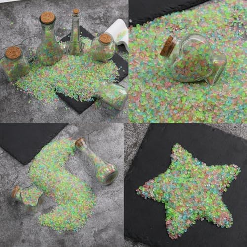 Glowing resin pebbles arranged on a garden walkway