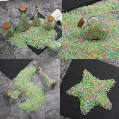 Glowing resin pebbles arranged on a garden walkway