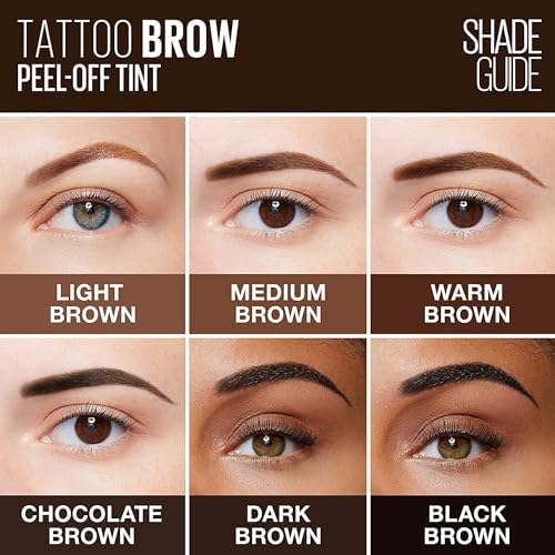 Maybelline Tattoo Brow precision applicator brush applying dark brown peel off gel tint.