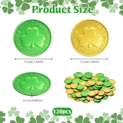 Bulk pack of 120 pieces green and gold leprechaun tokens scattered on table.