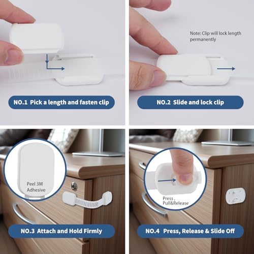 No drilling baby proofing safety lock by Vkania mounted securely on a wooden bathroom cabinet drawer side view