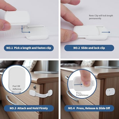No drilling baby proofing safety lock by Vkania mounted securely on a wooden bathroom cabinet drawer side view