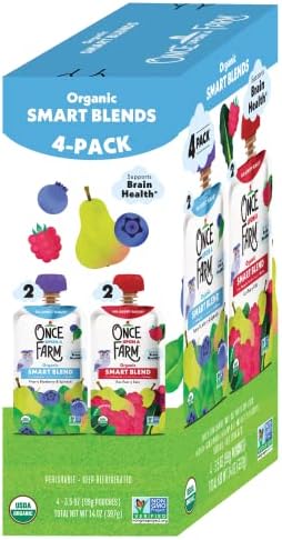 Once Upon a Farm Organic Smart Blend variety package contents showcasing clean baby food pouches.
