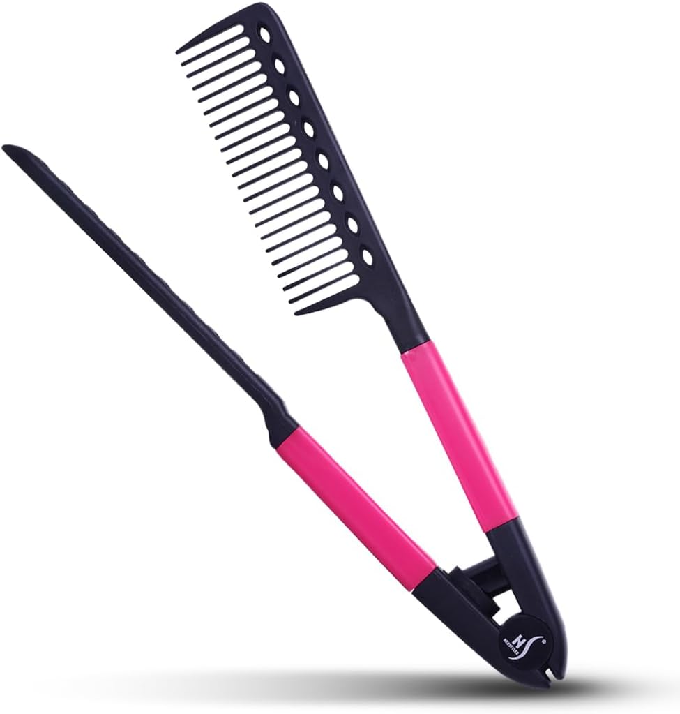 HerStyler V shaped hair straightening comb in hot pink front view
