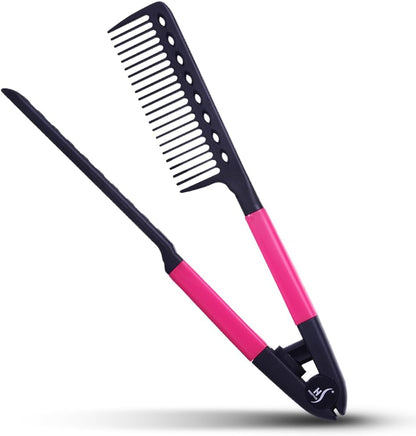 HerStyler V shaped hair straightening comb in hot pink front view
