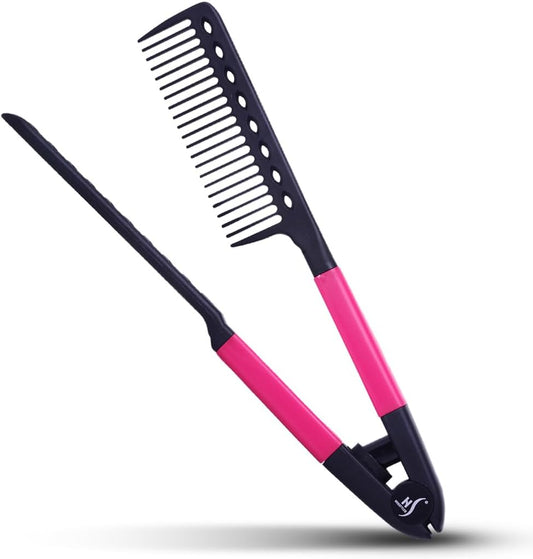 HerStyler V shaped hair straightening comb in hot pink front view