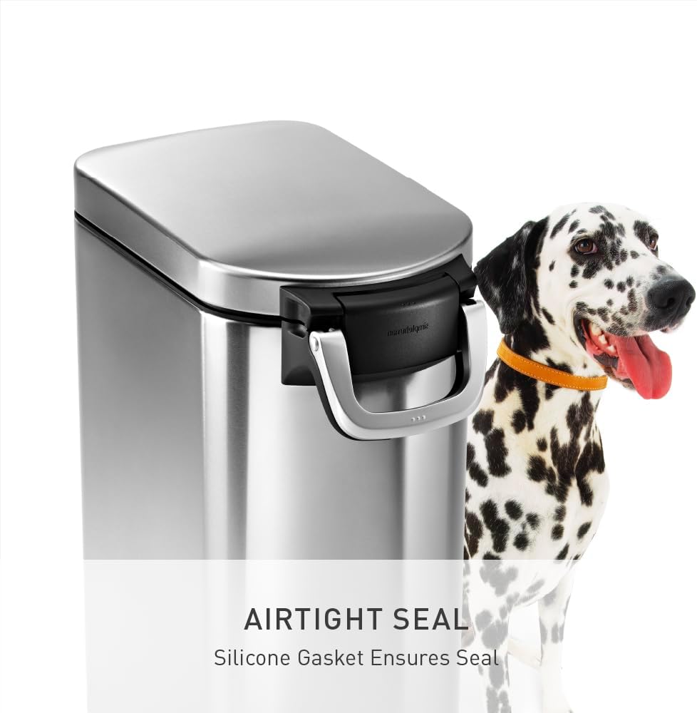 Close up of simplehuman lock-tight handle on pet food container