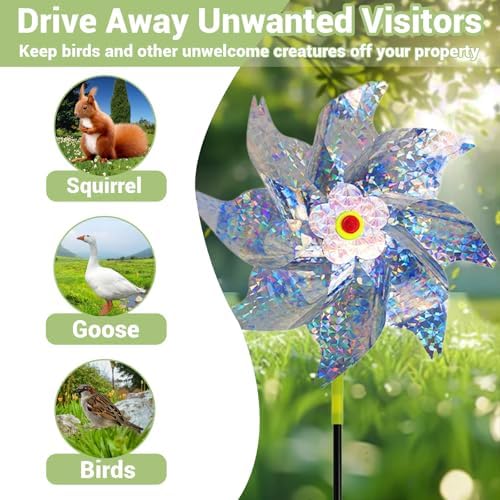 Silver floral reflective wind spinner for garden bird control