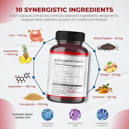 Premium dietary supplement packaging highlighting the combination of quercetin, zinc, and probiotics.