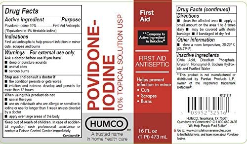 Humco broad spectrum antimicrobial povidone iodine liquid formula for minor cuts and burns