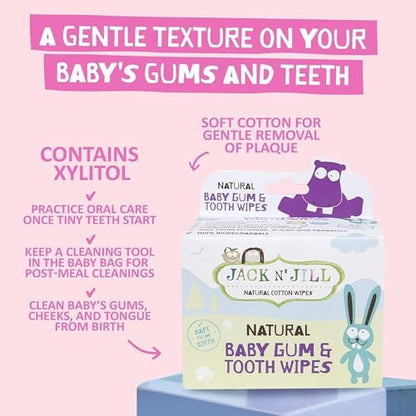 Soft steam sterilized cotton texture of a single Jack N' Jill baby mouth wipe close up