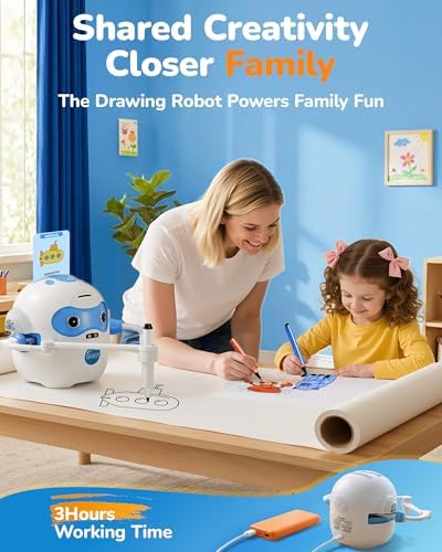 Voice interactive drawing robot for children showing premium rechargeable built in battery design