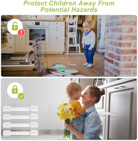 Matenf adjustable baby safety strap locks installed on a kitchen drawer surface