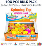 Bulk pack of 100 novelty LED spinning tops in packaging