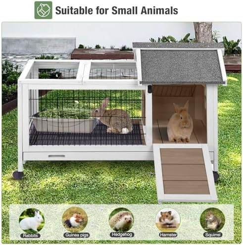 Wooden Rabbit Hutch Indoor and Outdoor, Rabbit Cage with Removable Wire Netting and Leak Proof Tray, Mobile Bunny Cage with Wheels (Brown) - Image 7