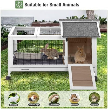 Wooden Rabbit Hutch Indoor and Outdoor, Rabbit Cage with Removable Wire Netting and Leak Proof Tray, Mobile Bunny Cage with Wheels (Brown) - Image 7