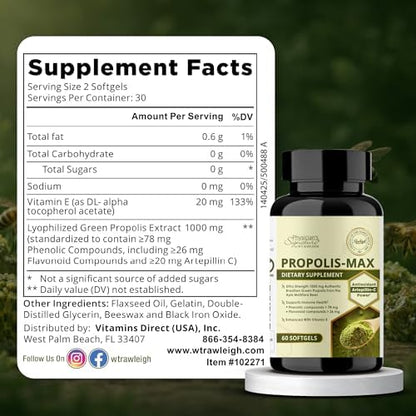 Rawleigh Propolis Max vegetarian softgels container highlighting the Artepillin C and Vitamin E formula.