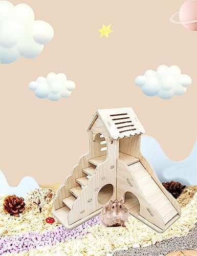 Hamster Hideout Cage Accessories - Hamster House and Habitat Wooden Hide Hut with Climbing Ladder and Slide for Dwarf Gerbils and Mouse Mice Rat Other Small Animals etc. - Image 6