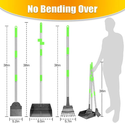 Long handle stainless rake picking up pet waste on thick green grass.