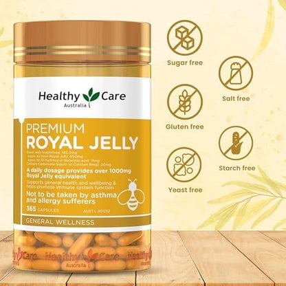 Healthy Care Premium Royal Jelly 1000mg side view detailing recommended dosage instructions