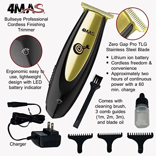 4MAS cordless rechargeable trimmer displayed with its three T-shape trimming guides and cleaning brush.