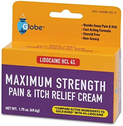 Authentic USA imported Globe lidocaine four percent skin relief cream packaging detailing application instructions.