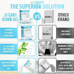 JJ CARE soothing burn relief gel being applied to a minor skin burn.