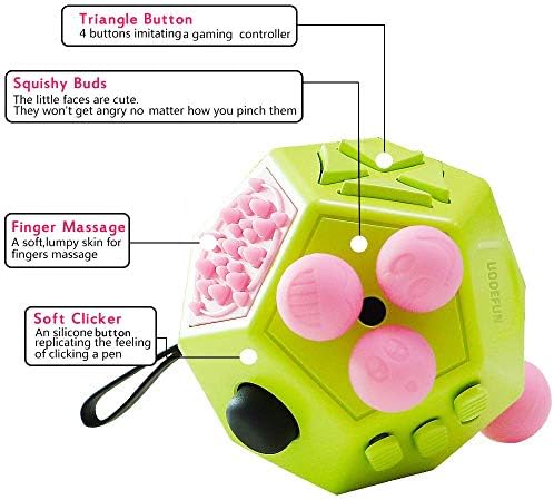 Different sides of the UOOEFUN sensory cube showing the rotating disk and sliding blocks