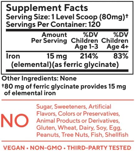Unflavored children iron supplement powder nutritional facts label