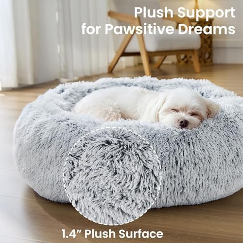 JOLLYVOGUE Small Dog Bed, Calming Dog Beds for Small Dogs & Indoor Cats - 20 Inches Donut Washable Cat Bed for Kittens & Puppies, Round Fluffy Plush Faux Fur Pet Beds(Smoke Grey) - Image 5