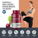 HMS Nutrition R-Lipoic Acid NSF certified seal and non-GMO dietary attributes.
