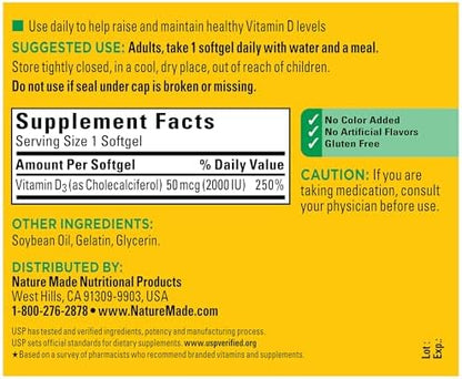 Nature Made cholecalciferol Vitamin D3 50 mcg bottle for muscle and teeth health