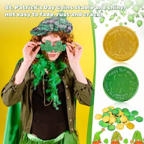 LOJAYUVE plastic shamrock coins scattered on a festive party table layout