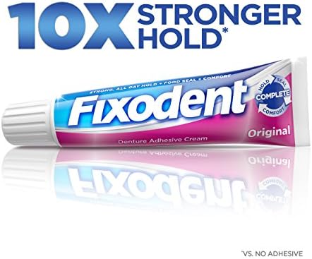 Fixodent original cream sealing gum line to block food under full plate dentures