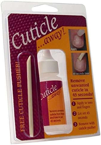 Esteemia Cuticle Away liquid bottle with included wooden cuticle pusher.