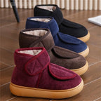 Plush faux fur interior of women's warm winter slippers for elderly.