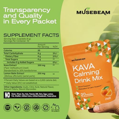 MuseBeam non-alcoholic orange instant powder stick pack for daily stress relief.